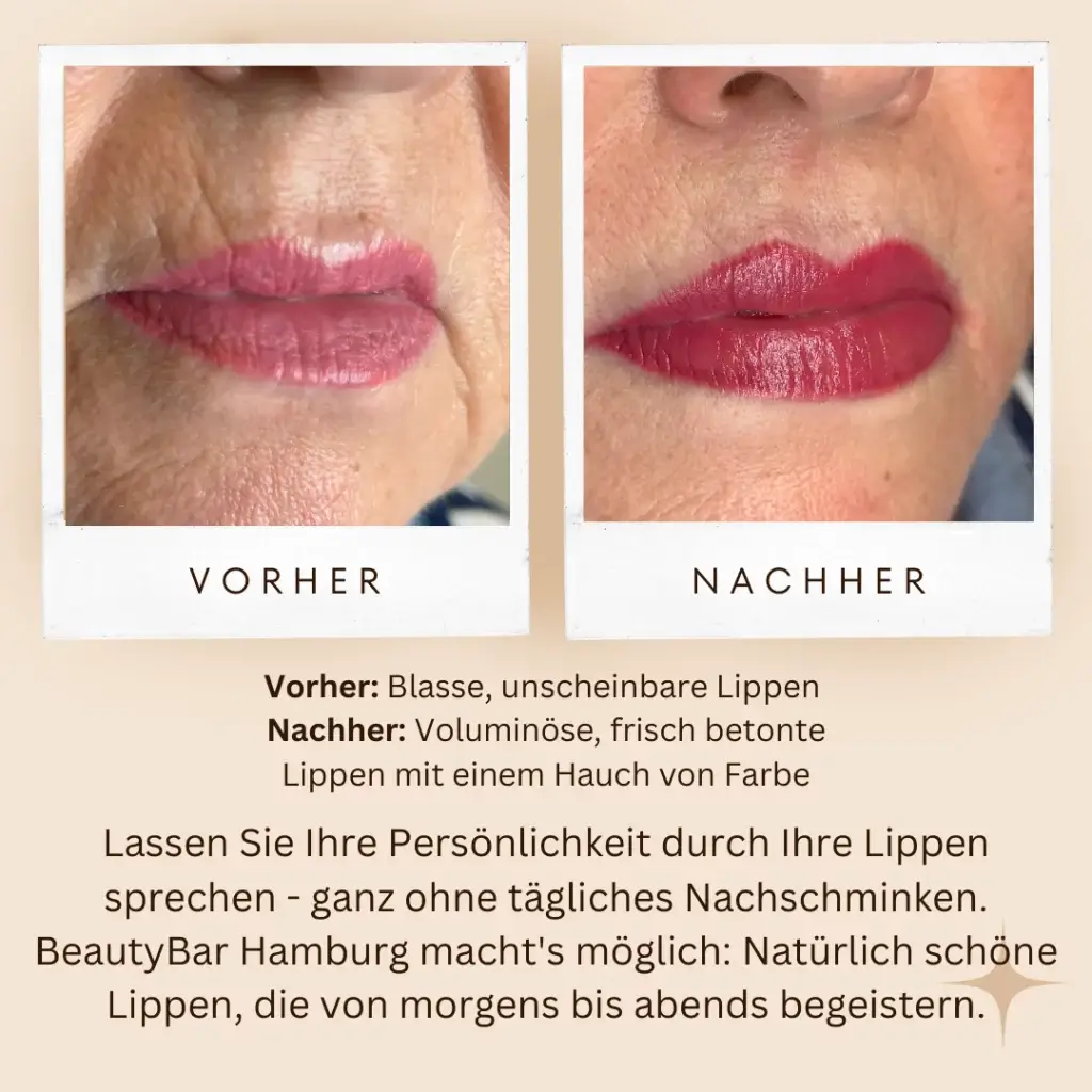 Lippen-Permanent-Make-up Vorher-Nachher bei BeautyBar Hamburg: Aquarelle-Technik für natürlich volle und farbige Lippen. Links blasse, unscheinbare Lippen vor der Behandlung. Rechts voluminöse, frisch betonte Lippen mit einem Hauch von Farbe nach der Behandlung. Langanhaltende Ergebnisse ohne tägliches Nachschminken. Professionelle Lippenbehandlung für einen ausdrucksvollen, natürlichen Look von morgens bis abends. BeautyBar Hamburg - Experten für Permanent Make-up und Lippenkonturierung.