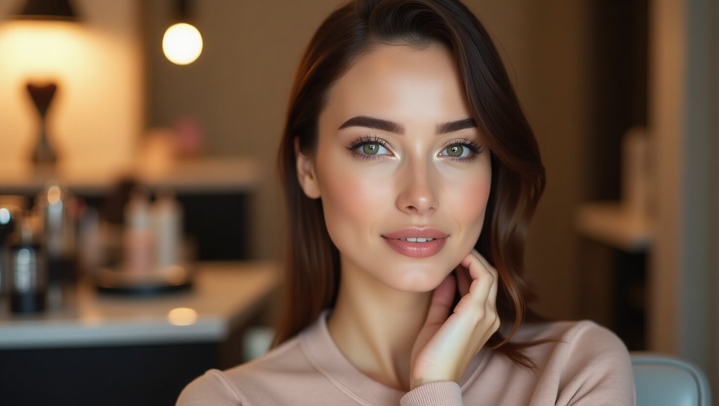 A naturally beautiful woman sitting in a modern cosmetic studio, close-up portrait, soft glowing skin, subtle permanent makeup on eyebrows, eyelids and lips, professional lighting, warm color tones, aesthetic interior with beauty tools in the background, realistic photography, 
